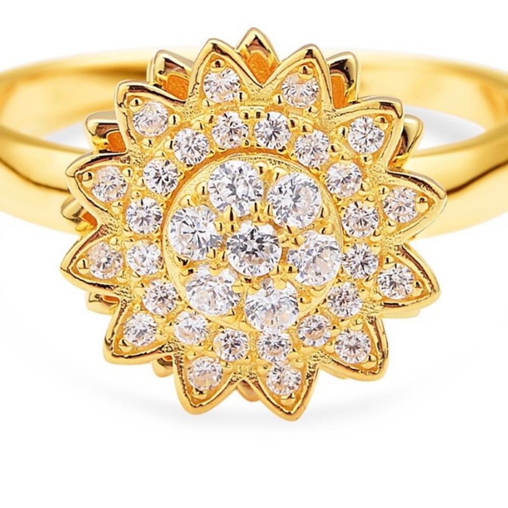 Simulated Diamond Sunflower Design Spinner Ring in 14k Yellow Gold over Sterling